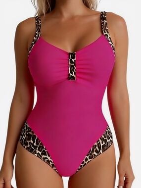 Fuchsia One-Piece Swimsuit with Leopard Trim. Sizes: M & XL. NWOT.